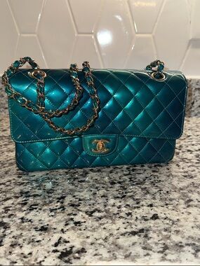 CHANEL Quilted Flap Bag in Shimmering Teal with Gold Hardware